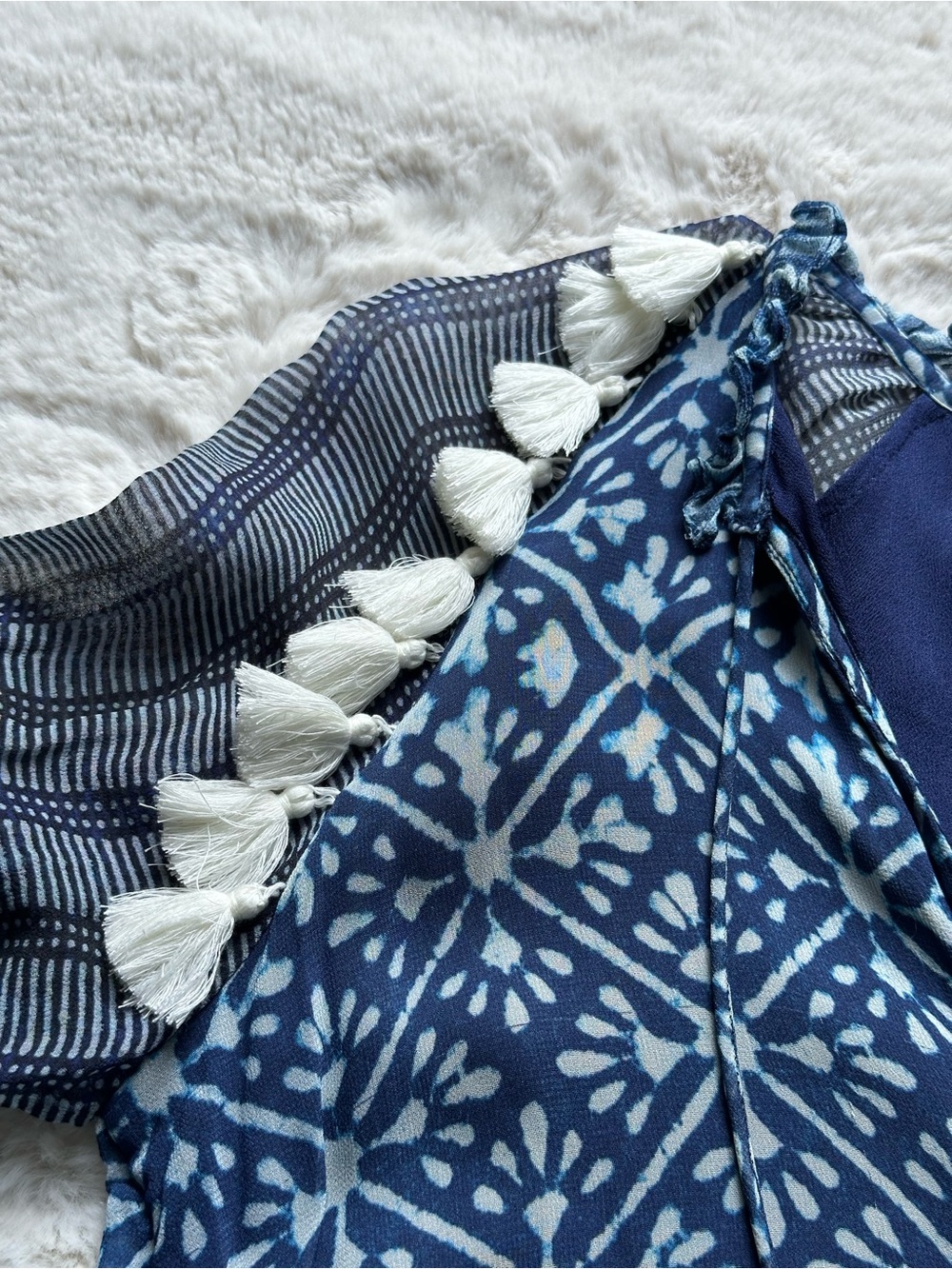 Hemant & Nandita Boho Tassel Mini Dress Blue & White Pom Pom Size XS - Picture 7 of 12